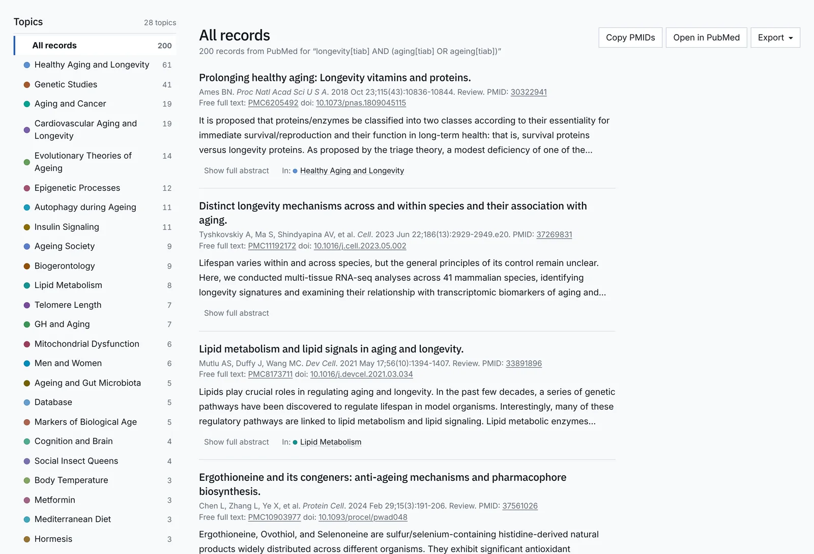 Broccoli's record list: topics with their counts on the left, and records with citations, PubMed, PMC and DOI links and abstracts on the right