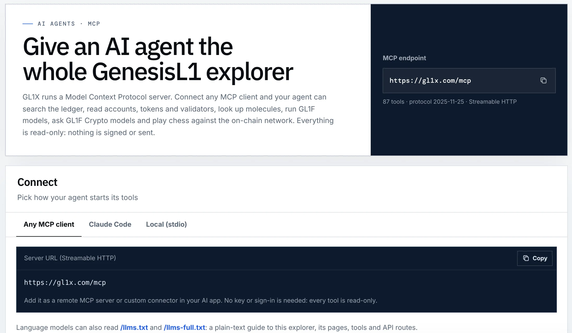 Screenshot of the GL1X MCP page: 'Give an AI agent the whole GenesisL1 explorer', with the endpoint https://gl1x.com/mcp, 87 tools, protocol 2025-11-25, Streamable HTTP