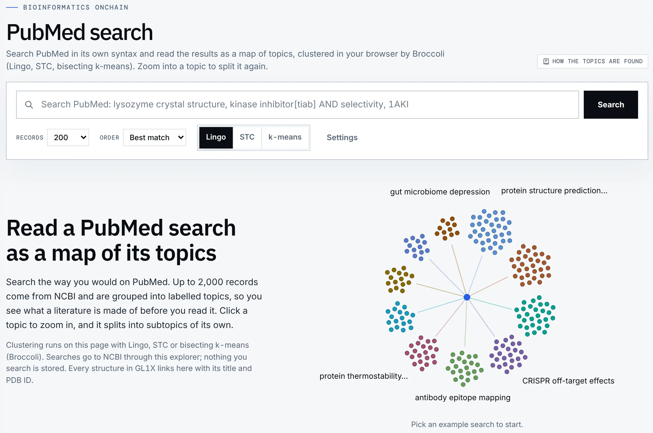 Screenshot of the PubMed search page of GL1X: a search box with Lingo, STC and k-means, and Broccoli's florets map of example searches