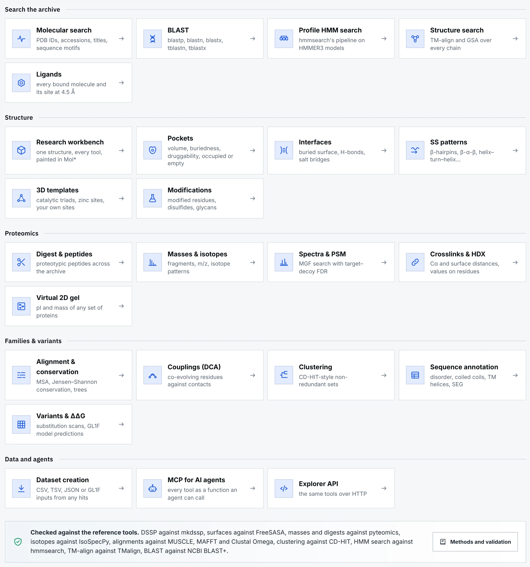 Screenshot of the Bioinformatics onchain page of GL1X: cards for molecular search, BLAST, profile HMM search, structure search, ligands, the research workbench, pockets, interfaces, patterns, 3D templates, modifications, proteomics, families and variants, datasets, MCP and the API